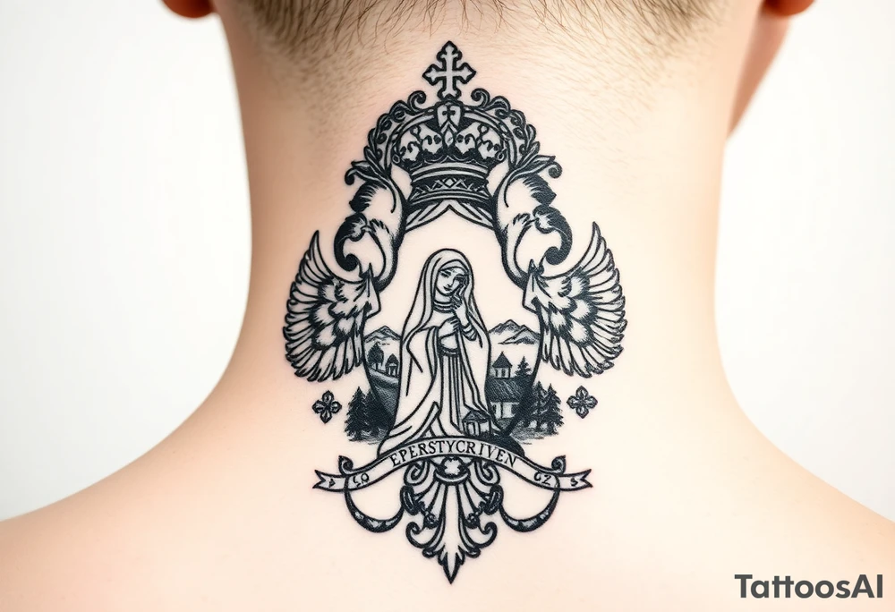 Traditional authentic Russian coat of arms with a Christian orthodox virgin marry in the middle and silhouette in a Russian wilderness Christian orthodoxy village setting tattoo idea