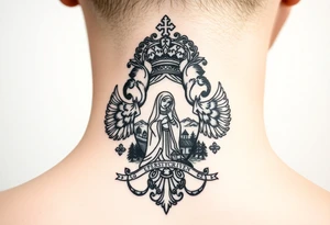 Traditional authentic Russian coat of arms with a Christian orthodox virgin marry in the middle and silhouette in a Russian wilderness Christian orthodoxy village setting tattoo idea