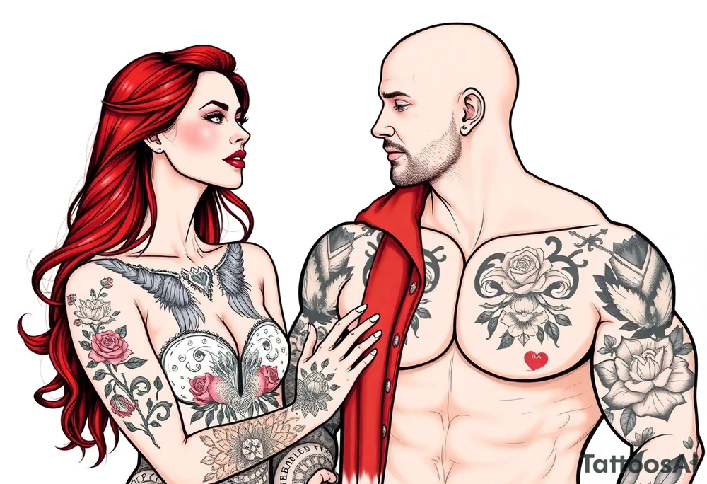 Woman with long red hair and red lipstick with lots of tattoos with  a bald muscular white man with tattoos getting married tattoo idea
