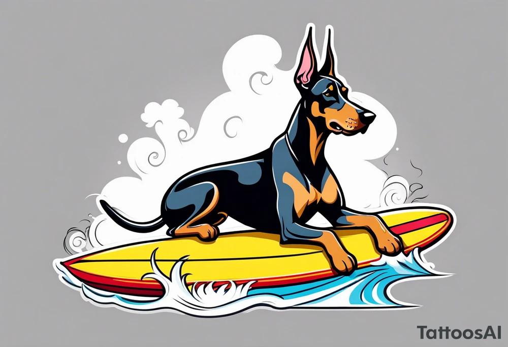 doberman smoking a cigar on a surfboard tattoo idea