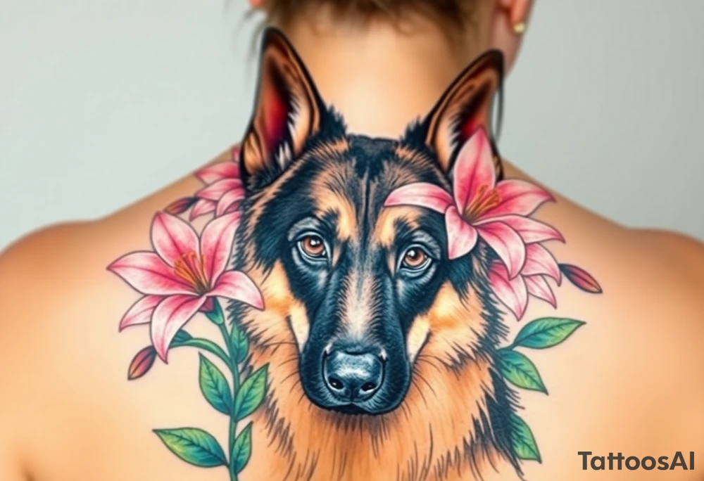 realistic german shepherd dog with pink lily flowers and sacred heart tattoo idea