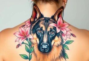 realistic german shepherd dog with pink lily flowers and sacred heart tattoo idea