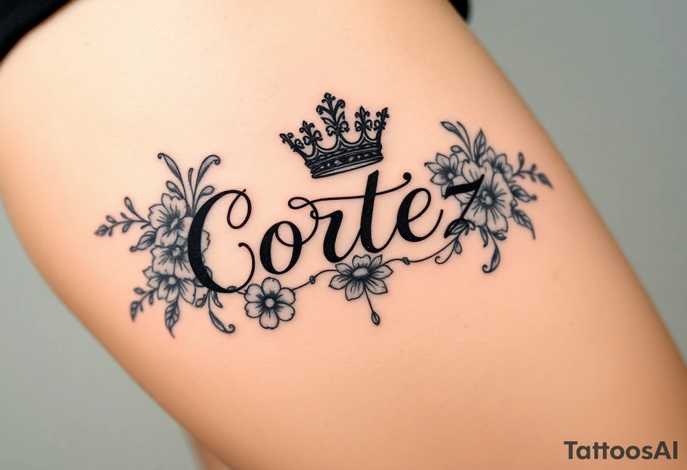 The name Cortez surrounded by floral design and a crown tattoo idea