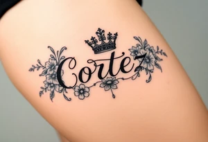 The name Cortez surrounded by floral design and a crown tattoo idea