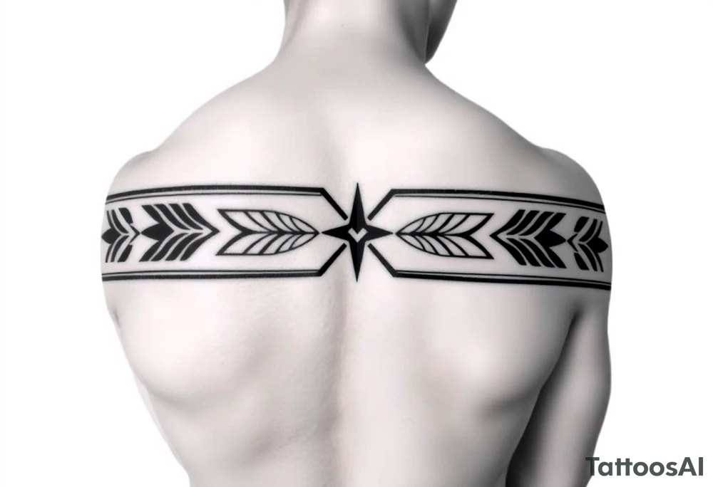 Tribal armband tattoo design, black geometric pattern, seamless band wrapping around arm, featuring stylized feathers, arrows and wolf teeth in symmetrical arrangement. Native American inspired ornamental pattern with sharp angular elements. Bold black lines, clean geometric shapes. Tribal motifs with feathers pointing outward, arrows interweaving through pattern, teeth elements creating border design. Continuous band approximately 3-4 inches wide. Minimalist black and white design with strong contrast. Professional tattoo art style, high detail, precise linework. tattoo idea