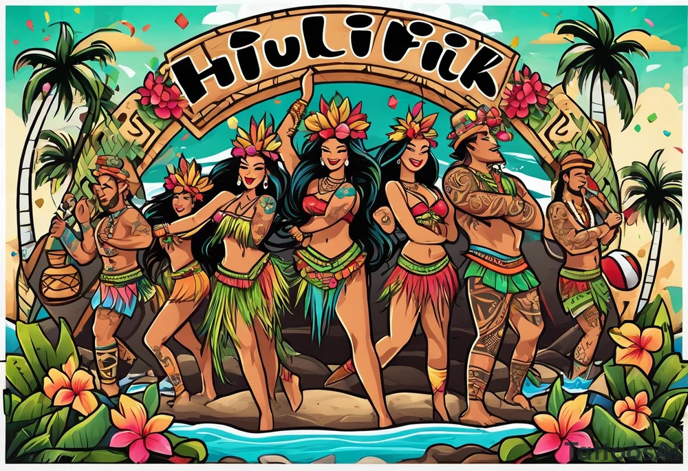 hulu tiki party with dancing tiki guys and sexy tiki girls on a beach with music notes and confetti around a blank space in the middle tattoo idea