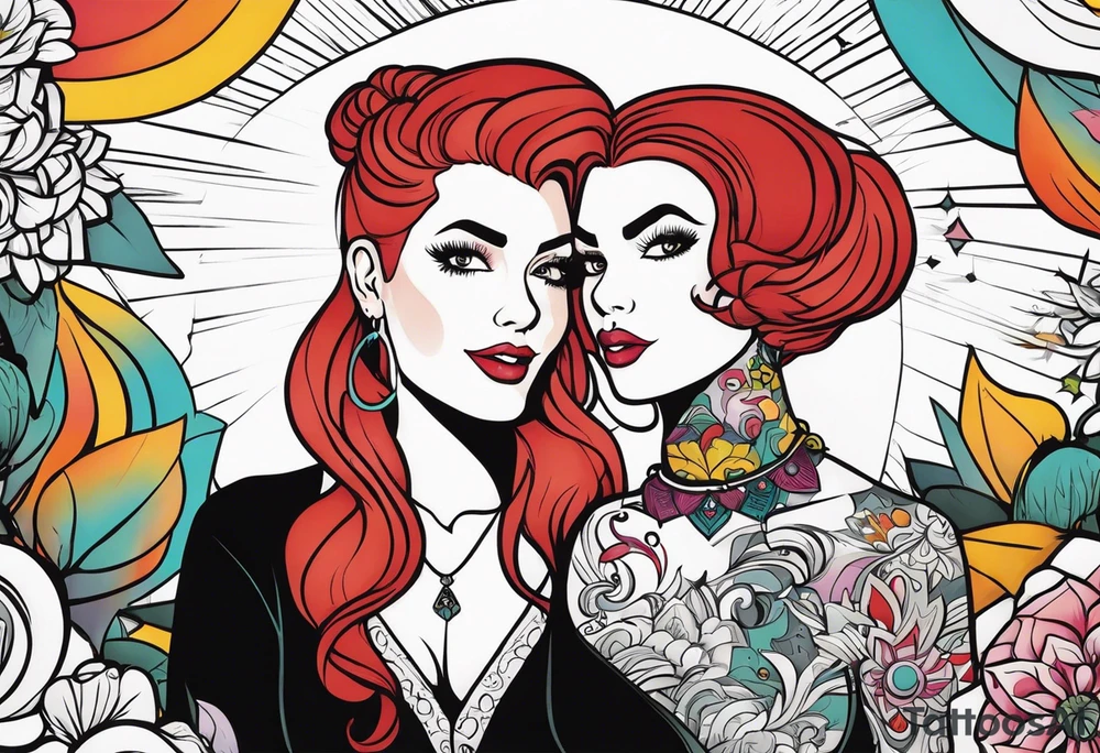 Busty red haired woman with a bearded man who has black hair tattoo idea