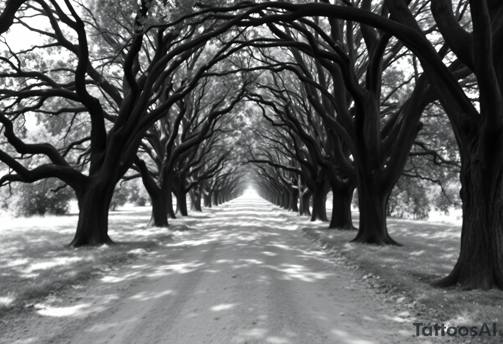 Tree lined dirt road. Road is rough, not smooth. Trees are oak, lining the road unevenly, tight so little light gets through. Branches arch across the road, some meeting in the middle. Dappled sunlight where it hits. Road gets smaller in the distance. Show on upper arm. tattoo idea