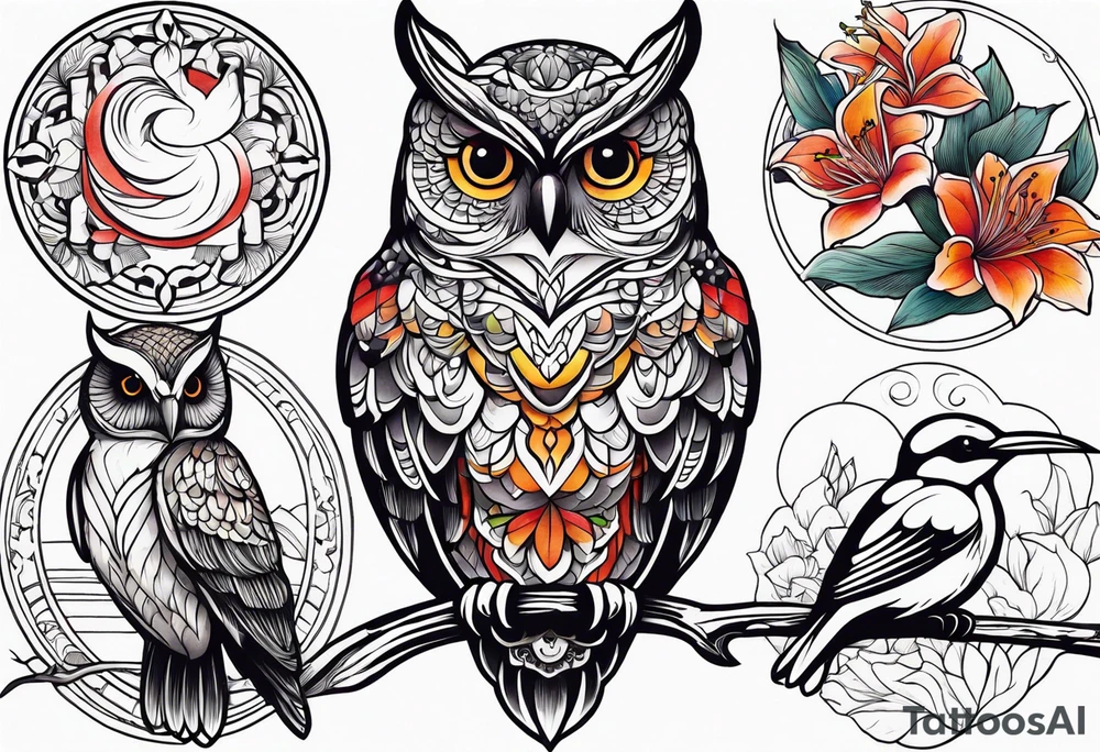 Owl, hummingbird, loon, lily tattoo idea