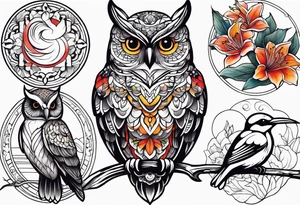 Owl, hummingbird, loon, lily tattoo idea