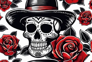 day of dead, red rose, Mexican hat, tattoo idea