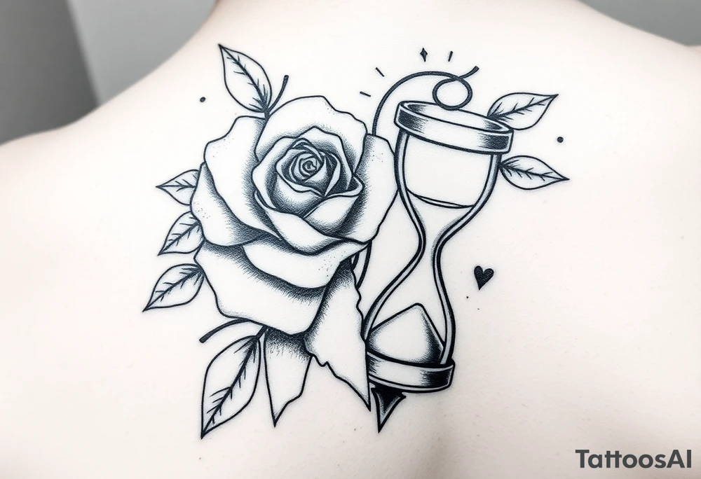 Arose in the shape of a heart with pieces of the Rose blowing away in the wind and the other half an hourglass with the sand out of time black and white feminine realistic tattoo idea