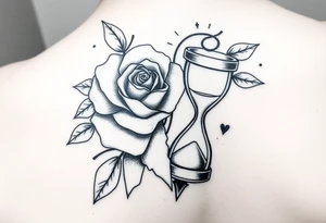 Arose in the shape of a heart with pieces of the Rose blowing away in the wind and the other half an hourglass with the sand out of time black and white feminine realistic tattoo idea