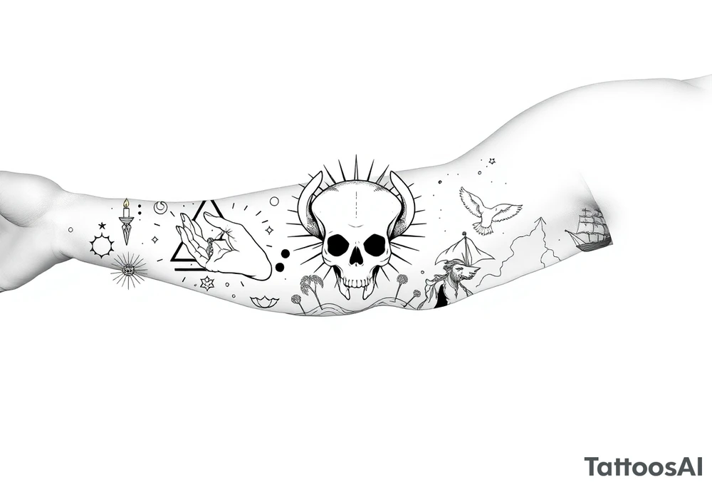 make a seamless sleeve design for a left arm from top of shoulder to wrist in fine line art that includes the images: candlestick, triangle, open hands, light, crown, a path, jacob wrestling with God, skull, ocean, bison, shepherd crook, dove, electricity, ship on the sea tattoo idea