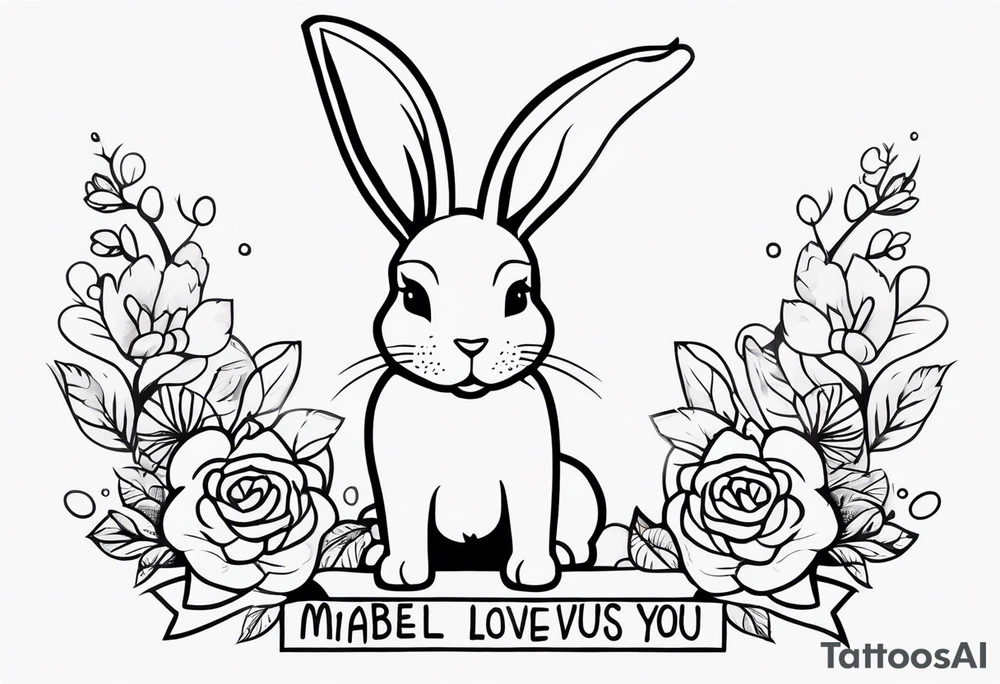 The tattoo is hand drawn. 

Theres a bunny jumping over an axe. Theres a small dog face with the words “Mabel loves you” underneath tattoo idea