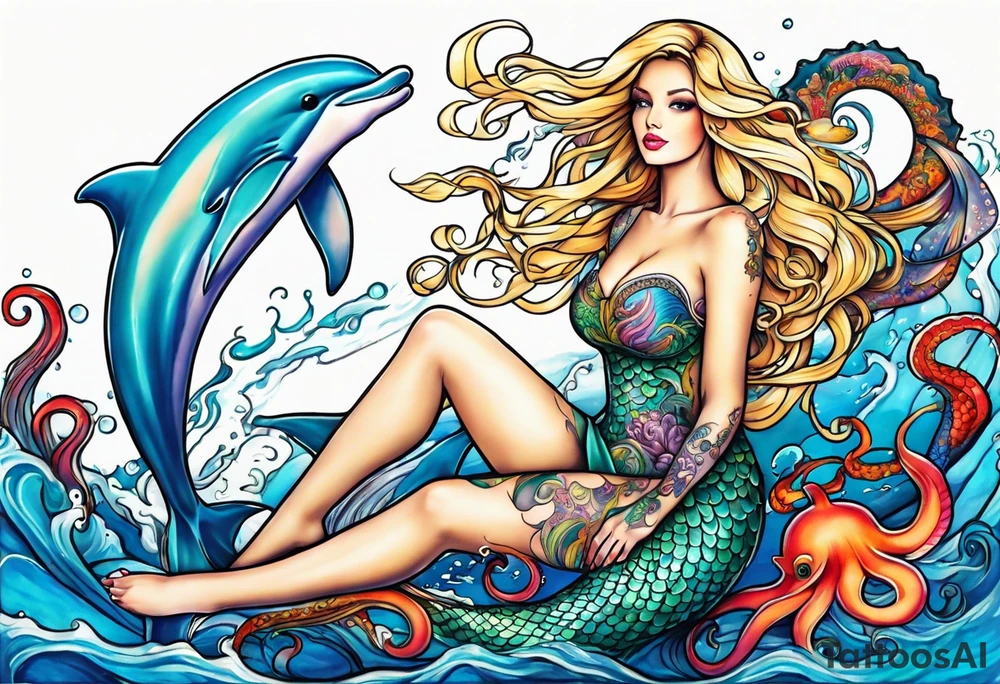 Beautiful blond mermaid with her giant octopus and dolphin friends tattoo idea