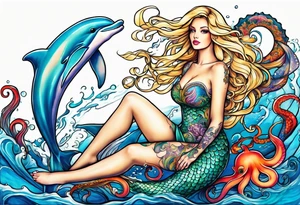 Beautiful blond mermaid with her giant octopus and dolphin friends tattoo idea