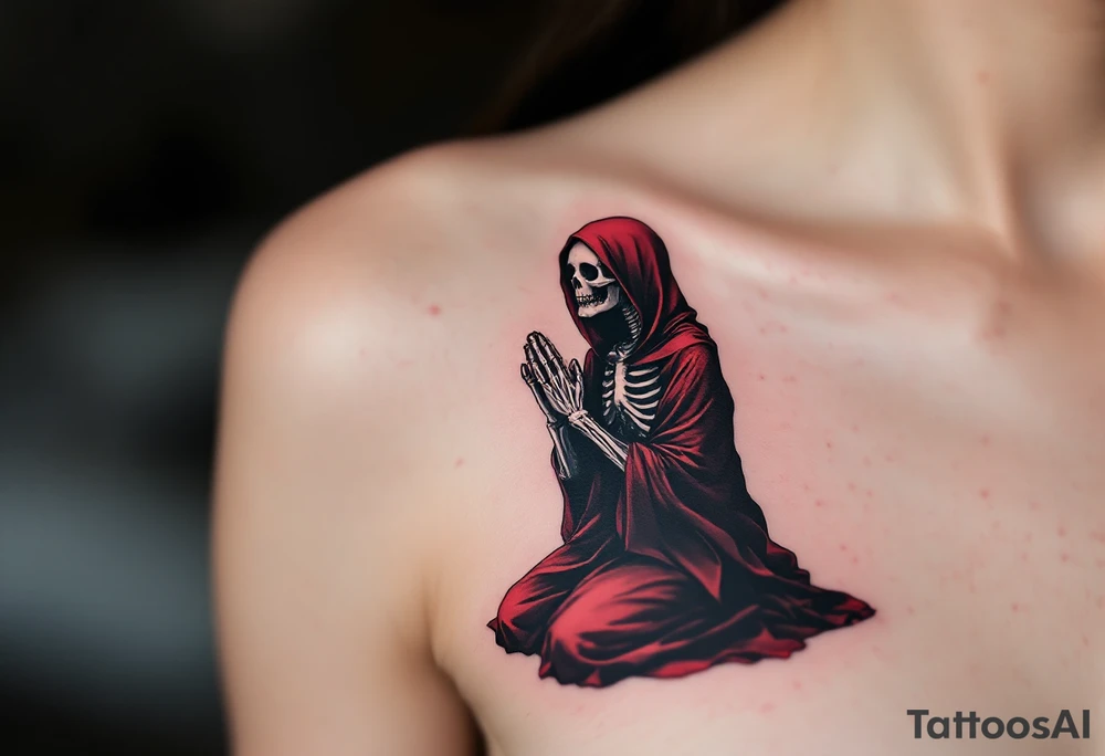 A skeleton in grayscale kneeling with hands in prayer, draped in a dark red robe, "memento mori" hovering faintly above. tattoo idea