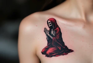 A skeleton in grayscale kneeling with hands in prayer, draped in a dark red robe, "memento mori" hovering faintly above. tattoo idea
