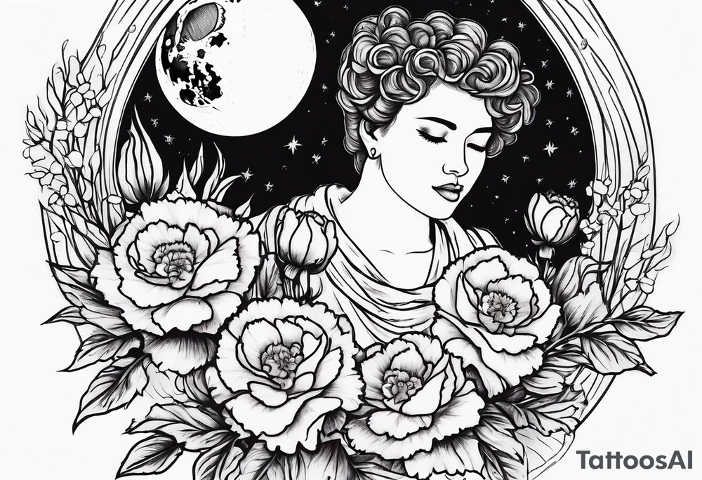 carnations and full moon tattoo idea