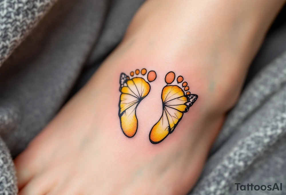 Bright yellow and pastel orange footprints of Tereza, gently paired with butterfly wings to capture her playful and free nature. tattoo idea