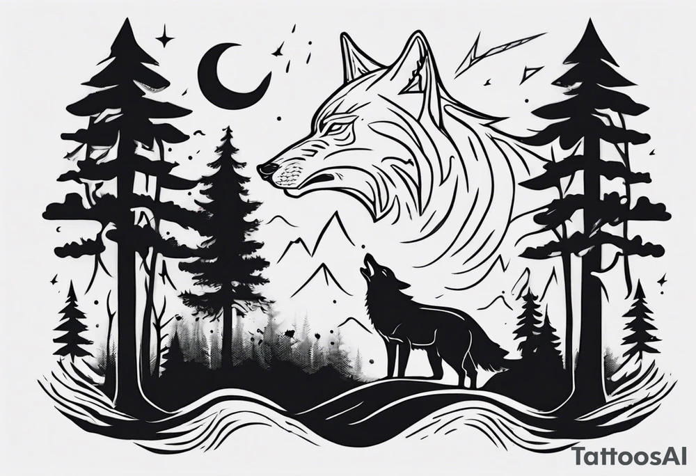 a thunderstorm over a forest and a wolf howling tattoo idea a thunderstorm over a forest and a wolf howling tattoo idea