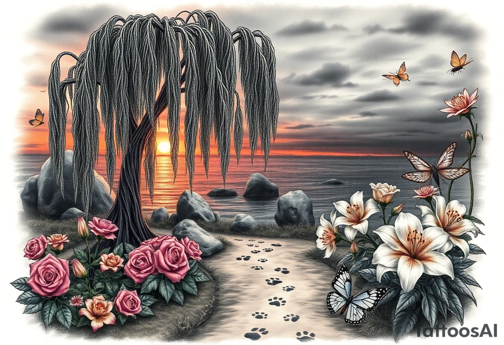 Dark ocuean with rocks sunset, weeping willow garden with roses and lilies flower beds. fantasy creatures, fairies, siren, dragonflies, butterflies, cat paw prints path in dirt. tattoo idea