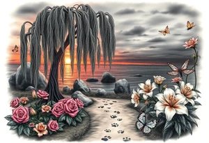 Dark ocuean with rocks sunset, weeping willow garden with roses and lilies flower beds. fantasy creatures, fairies, siren, dragonflies, butterflies, cat paw prints path in dirt. tattoo idea