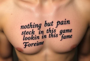 Gangster tattoo with the text” nothing but pain stuck in this game lookin for Fortune and fame” tattoo idea