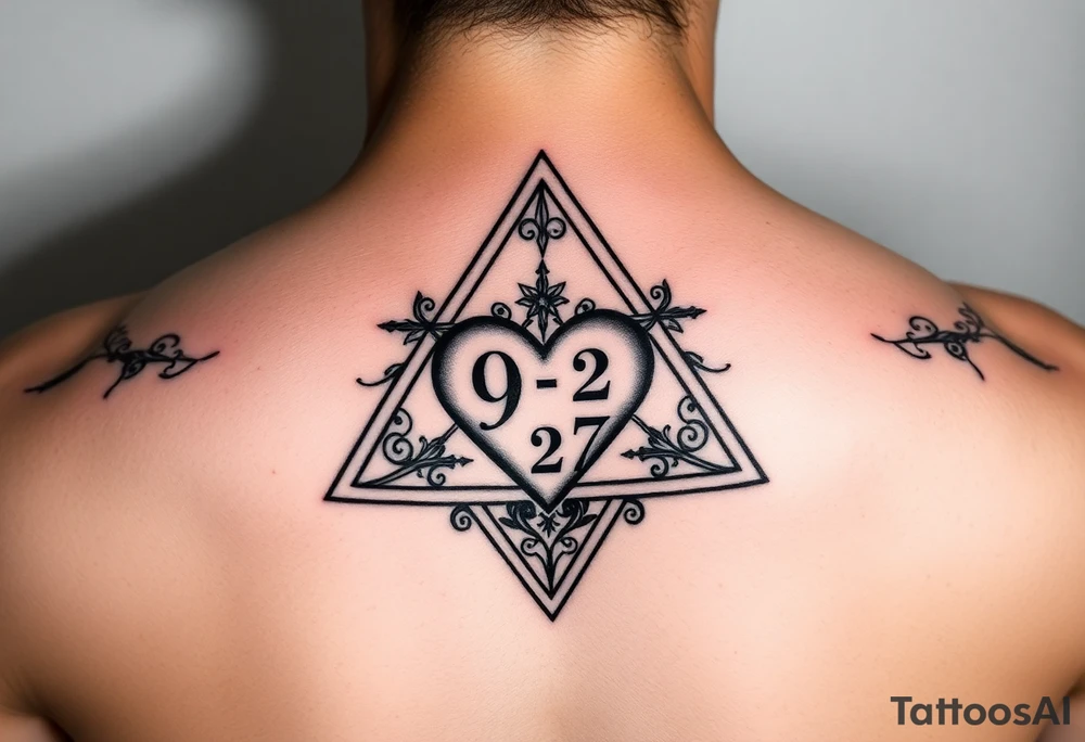 A triangle with a heart over the middle of the center with a 9, 2 and 7 tattoo idea