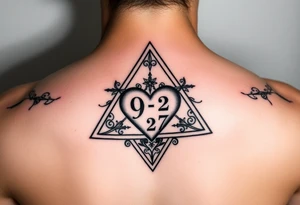 A triangle with a heart over the middle of the center with a 9, 2 and 7 tattoo idea