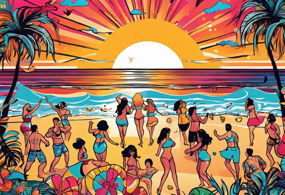 1960'S BEACH DANCE PARTY 
party, include confetti, music notes, 
, bikinis sunset in the center tattoo idea