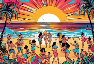 1960'S BEACH DANCE PARTY 
party, include confetti, music notes, 
, bikinis sunset in the center tattoo idea