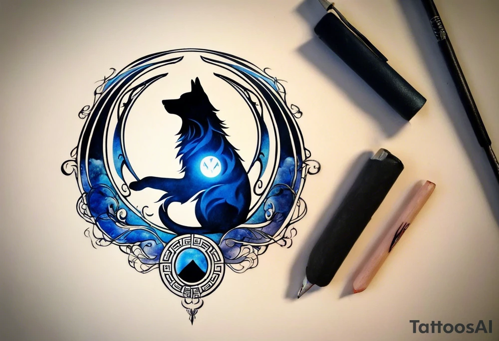 a tattoo whose main theme is balance but also resembles new begining, strong willpower, peace and loyalty. This should be for the front part of the shoulder. maybe add the ying-yang symbol somewhere in the tattoo. Tattoo should have an equal amount of blue and red along with the overall tattoo being black. In corporate a wolf into the tattoo, make sure it resembles ing and yang. wolf needs to look dangerous tattoo idea