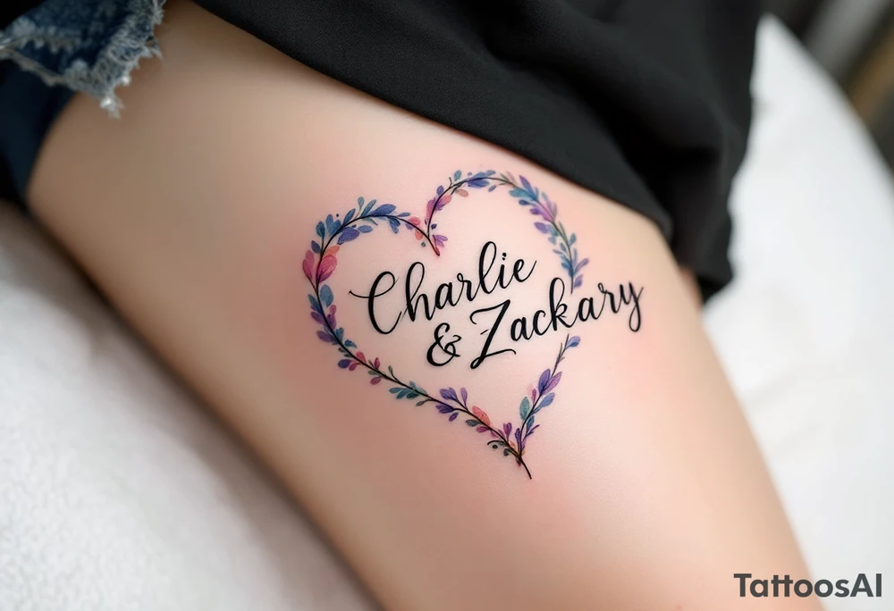 Create a delicate tattoo design that seamlessly integrates the names "Charlie" and "Zackary" in graceful, flowing cursive. Enclose the names within a softly stylized symbol that embodies strength and unity . The overall design should evoke warmth and protection while remaining refined and understated tattoo idea
