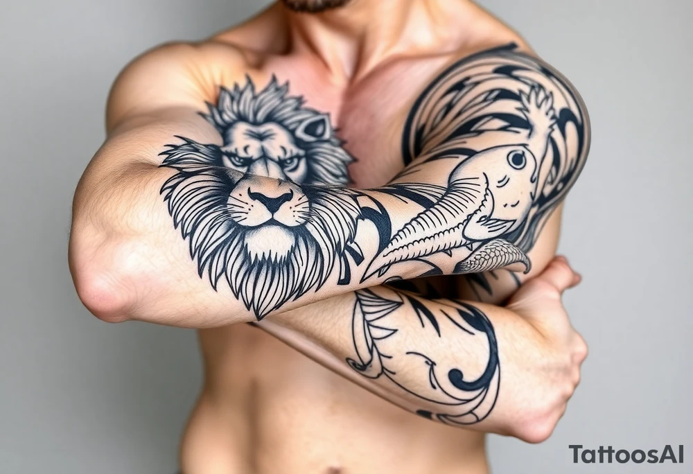 combined fierce leo and pisces tattoo idea