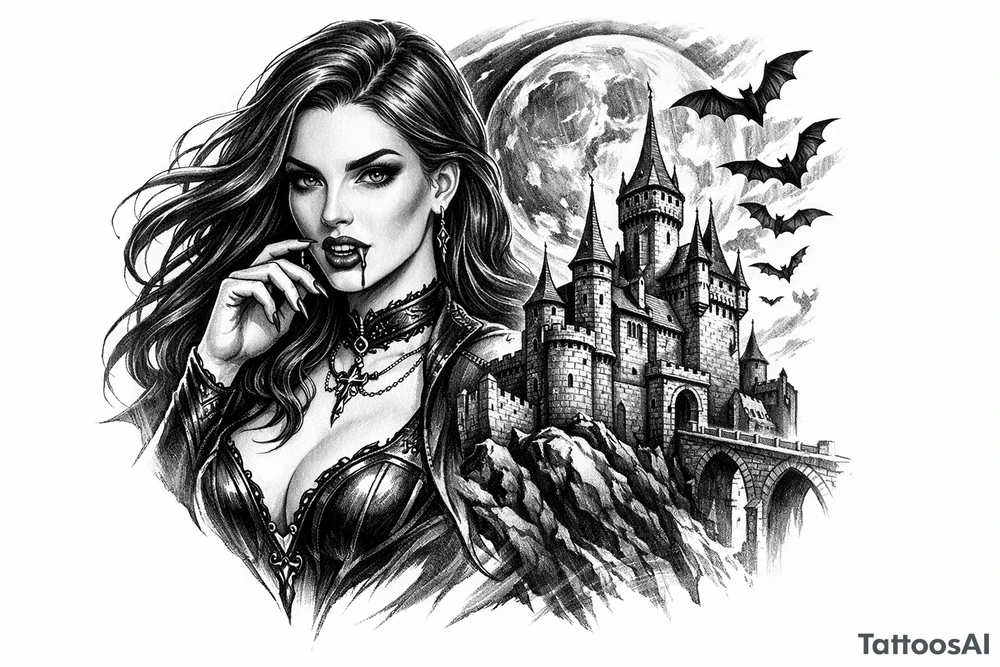 female vampire,bats,full moon,a castle. tattoo idea