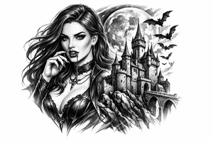 female vampire,bats,full moon,a castle. tattoo idea