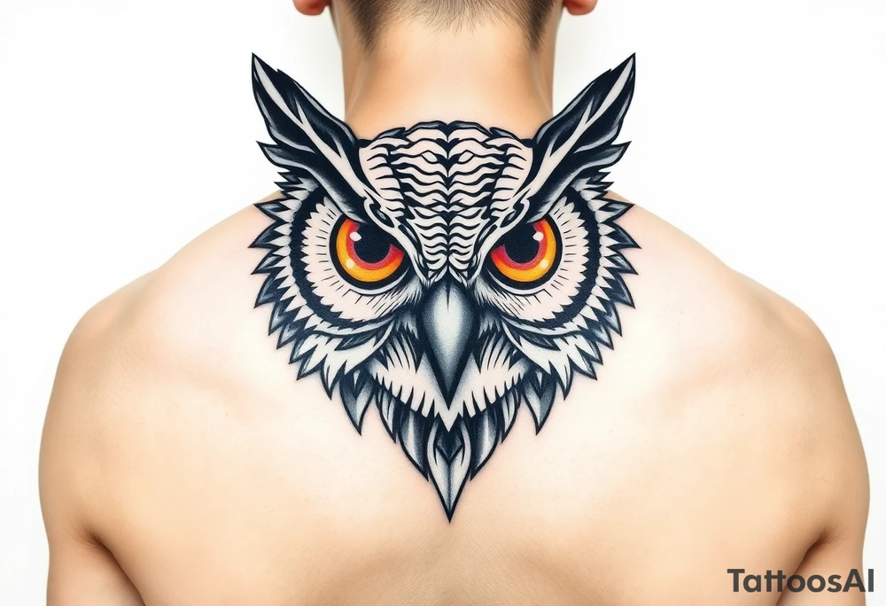 Abstract large colored tripping eye owl head tattoo idea