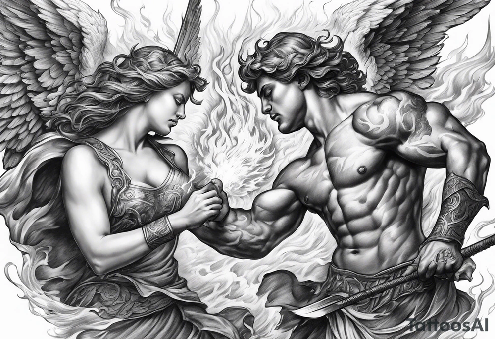 Angels fighting demons over fire with sills in the background tattoo idea