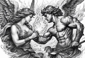 Angels fighting demons over fire with sills in the background tattoo idea