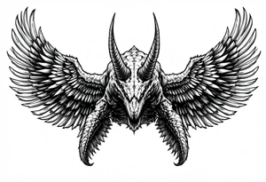 A hieroglyphic, depicting an ancient and gargantuan prehistoric whale with horns protruding from its forehead and wings that resemble that of a falcons tattoo idea