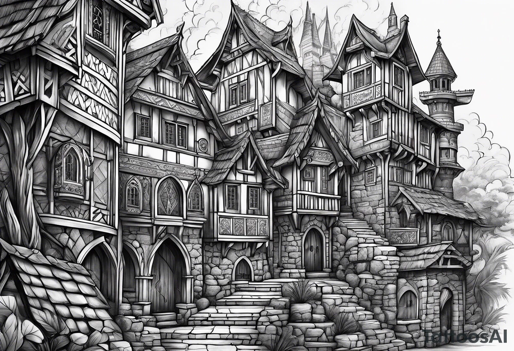 medieval tribal city vignette tattoo idea