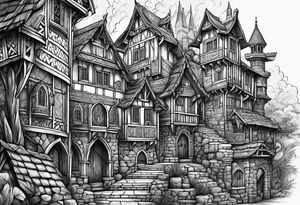 medieval tribal city vignette tattoo idea