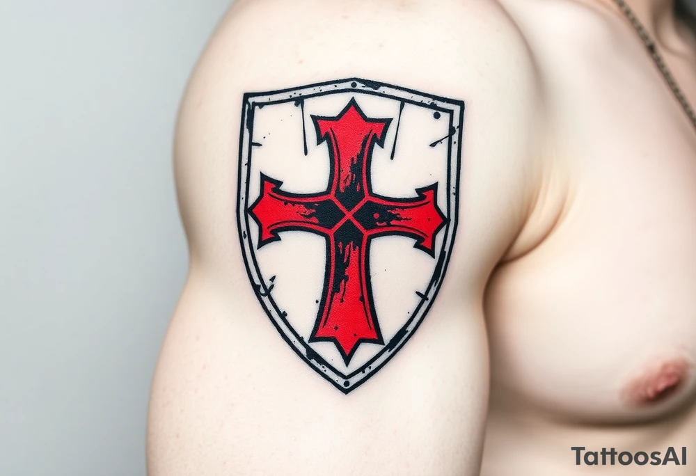 A black and red Templar cross embedded into a medieval shield, with scratches and dents for an authentic warrior aesthetic tattoo idea