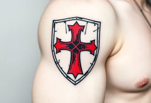 A black and red Templar cross embedded into a medieval shield, with scratches and dents for an authentic warrior aesthetic tattoo idea