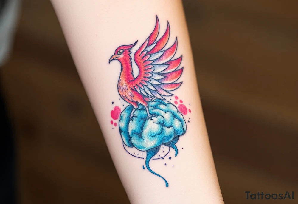 A phoenix rising out of a brain looking powerful tattoo idea