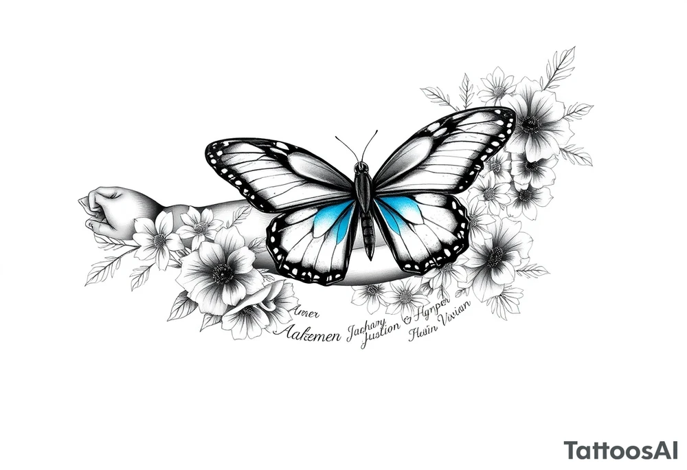 Sleeve/ floral with vines roses and daises large bright blue monarch in center of forearm with floral extending from wrist to mid bicep children’s names written with vines “ amber, Zachary, Justin, Harper, Vivian “ ARM SLEEVE tattoo idea
