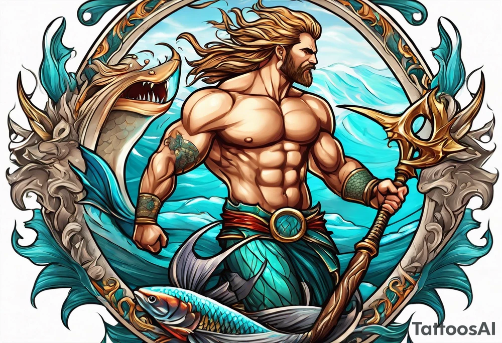 muscular
god 
posideon fighting a sport fish with a trident surrounded by sexy  female 
mermaids tattoo idea