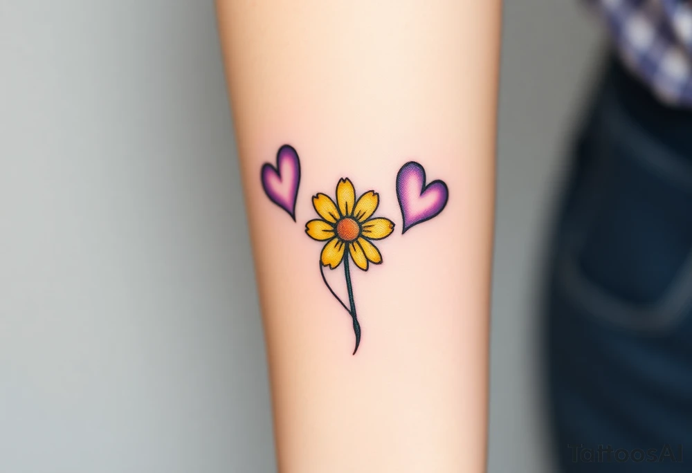 simple with Purple Hearts with yellow daisy with cross tattoo idea